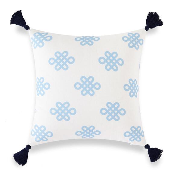 Patio Indoor Outdoor Pillow Cover ONLY Blue Greek Key Knot Tassel,18"x18" - Picture 1 of 7